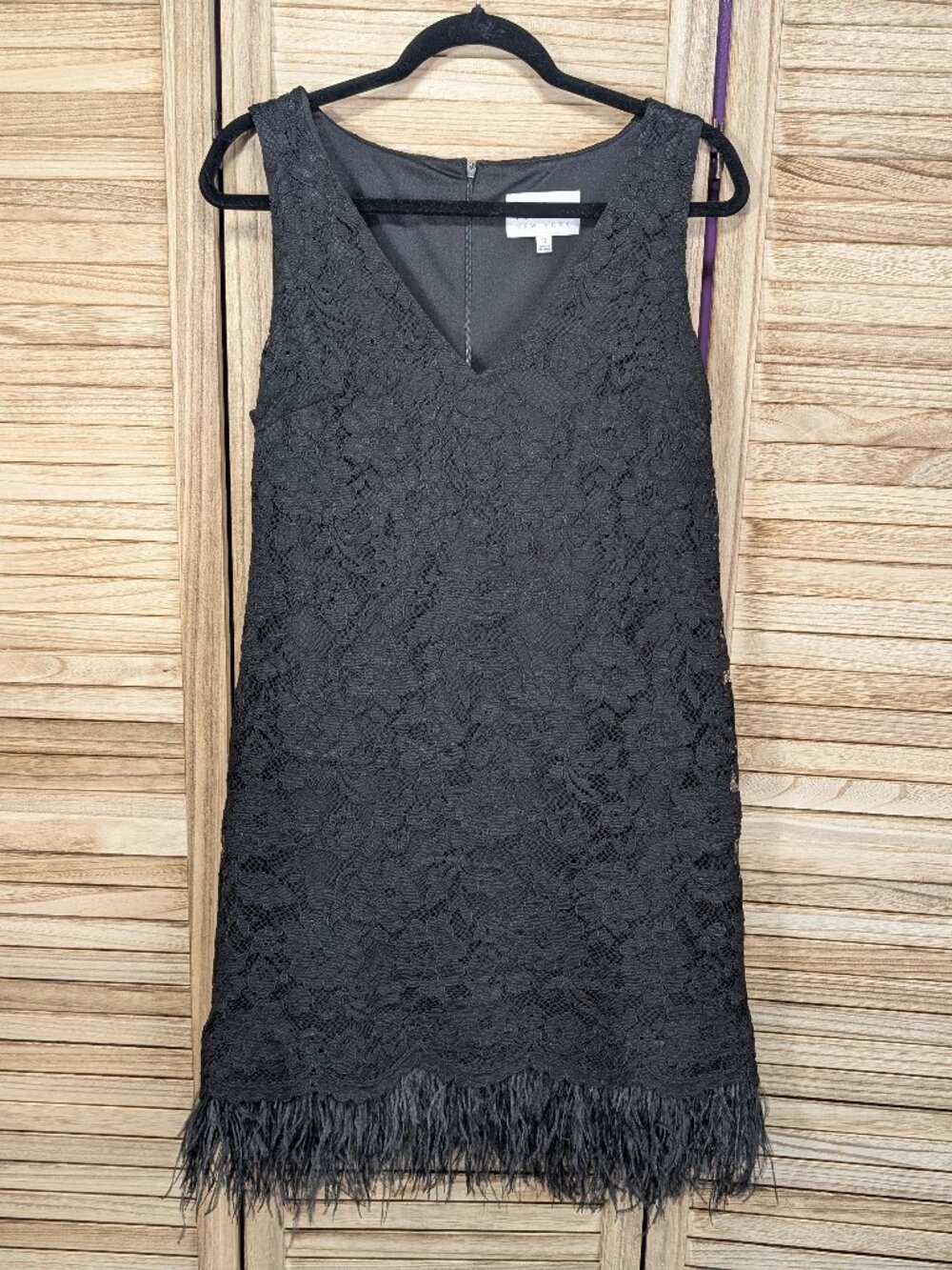 Nicole Miller New York Black Lace Feather Fringe Sleeveless Dress Size 10